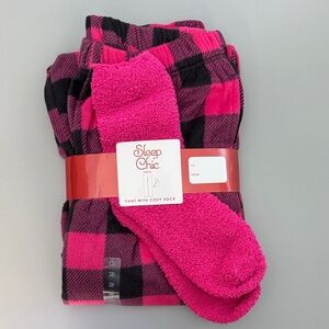 💜3/$15 Sleep Chic Pink and Black Plaid Pajama Pants and Cozy Socks NWT